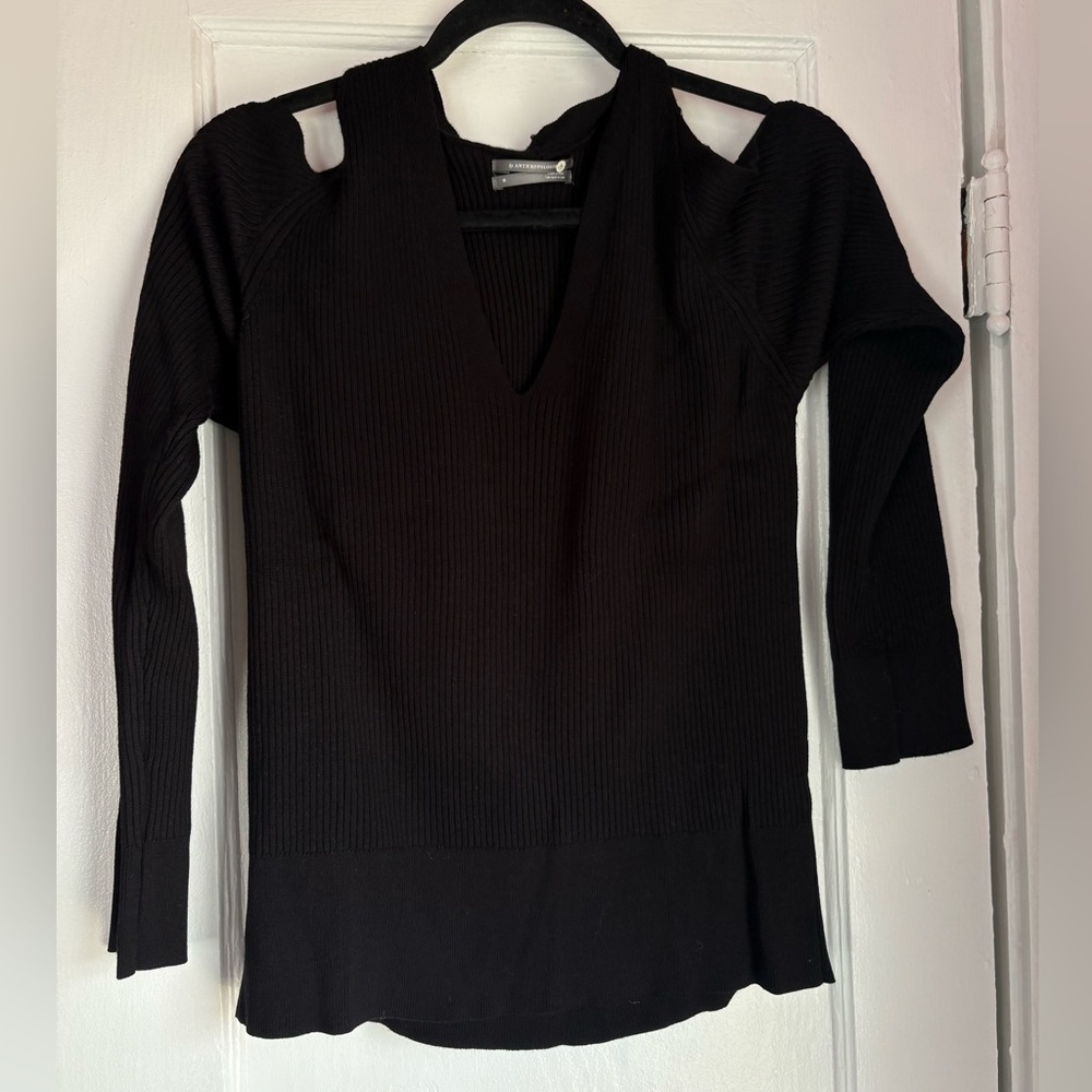 By Anthropologie Black Ribbed Cutout Shoulder Sweater Size M